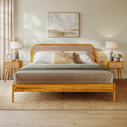 King Size Solid Wood Platform Bed Frame with Rattan Headboard, Bohemian & Mid-Century Modern Style