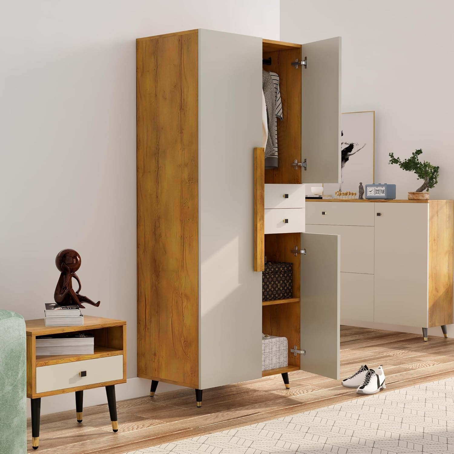 Tall wooden wardrobe with open doors in a room setting