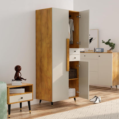 Tall wooden wardrobe with open doors in a room setting