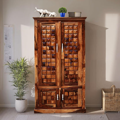 Solid Sheesham Wood 4-Door Wardrobe with Diamond Cut Design – Almirah with 4 Shelves & 2 Drawers (Natural Honey Oak)