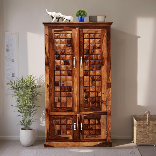 Solid Sheesham Wood 4-Door Wardrobe with Diamond Cut Design – Almirah with 4 Shelves & 2 Drawers (Natural Honey Oak)