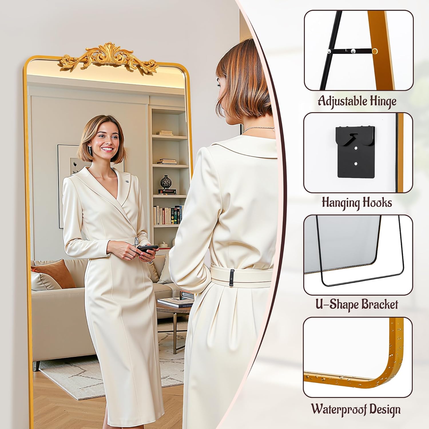 Woman in a white dress standing in front of a large mirror with decorative frame, showing features like adjustable hinge, hanging hooks, U-shape bracket, and waterproof design.
