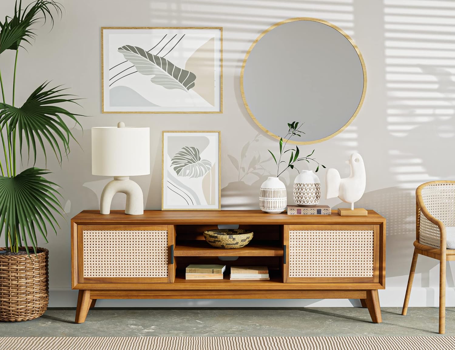 Wooden entertainment console with rattan doors in a room with plants and decor.
