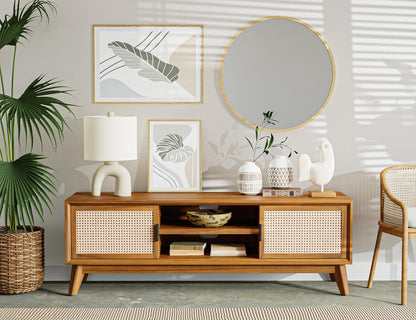 Wooden entertainment console with rattan doors in a room with plants and decor.