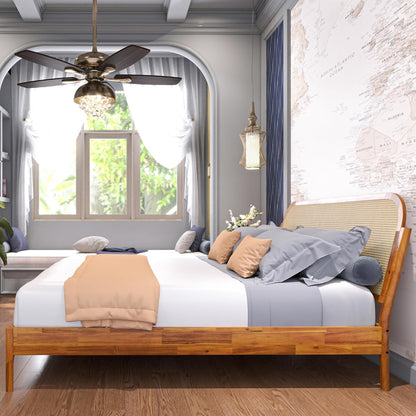 King Size Solid Wood Platform Bed Frame with Rattan Headboard, Bohemian & Mid-Century Modern Style