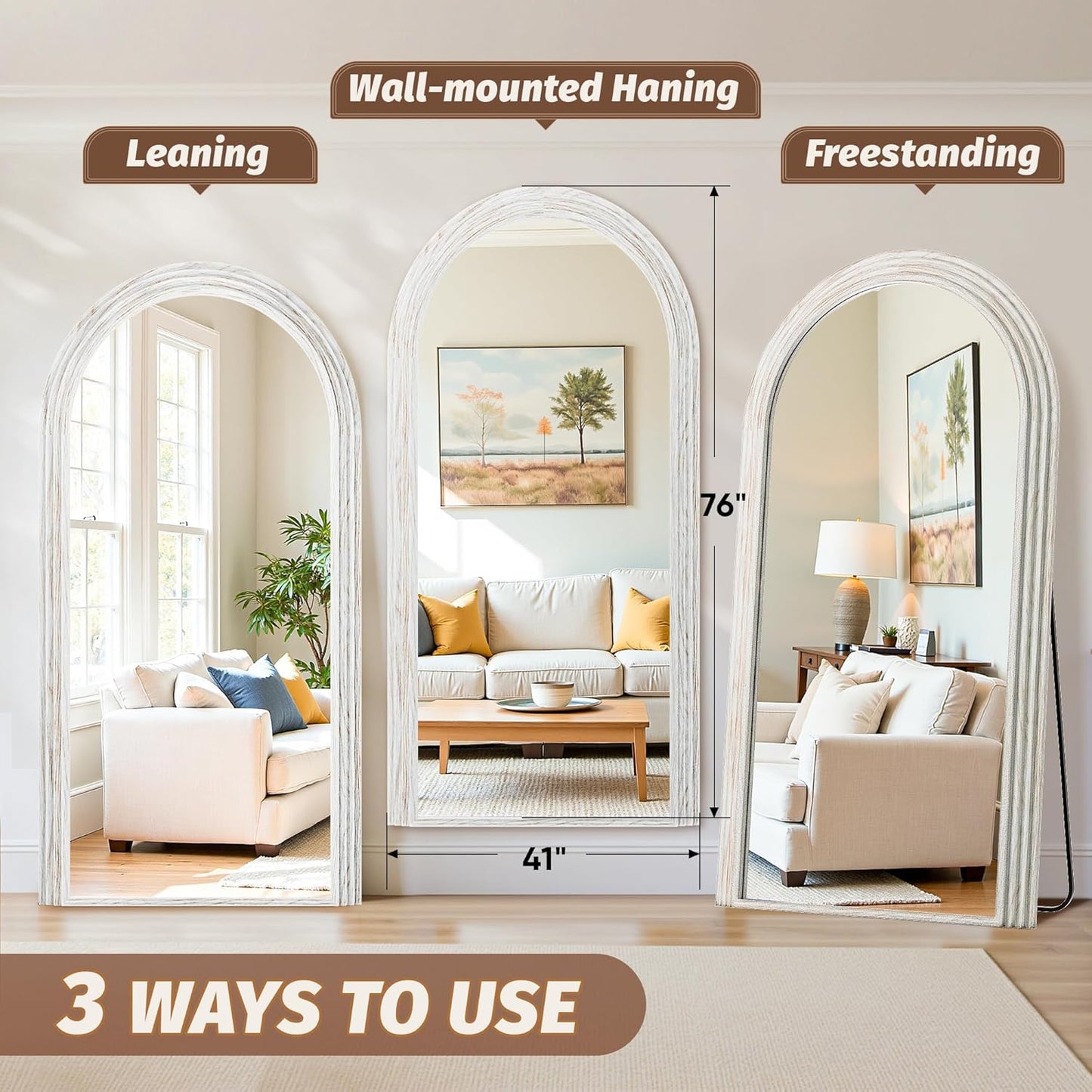 Three ways to use an arched mirror in a living room setting with measurements.