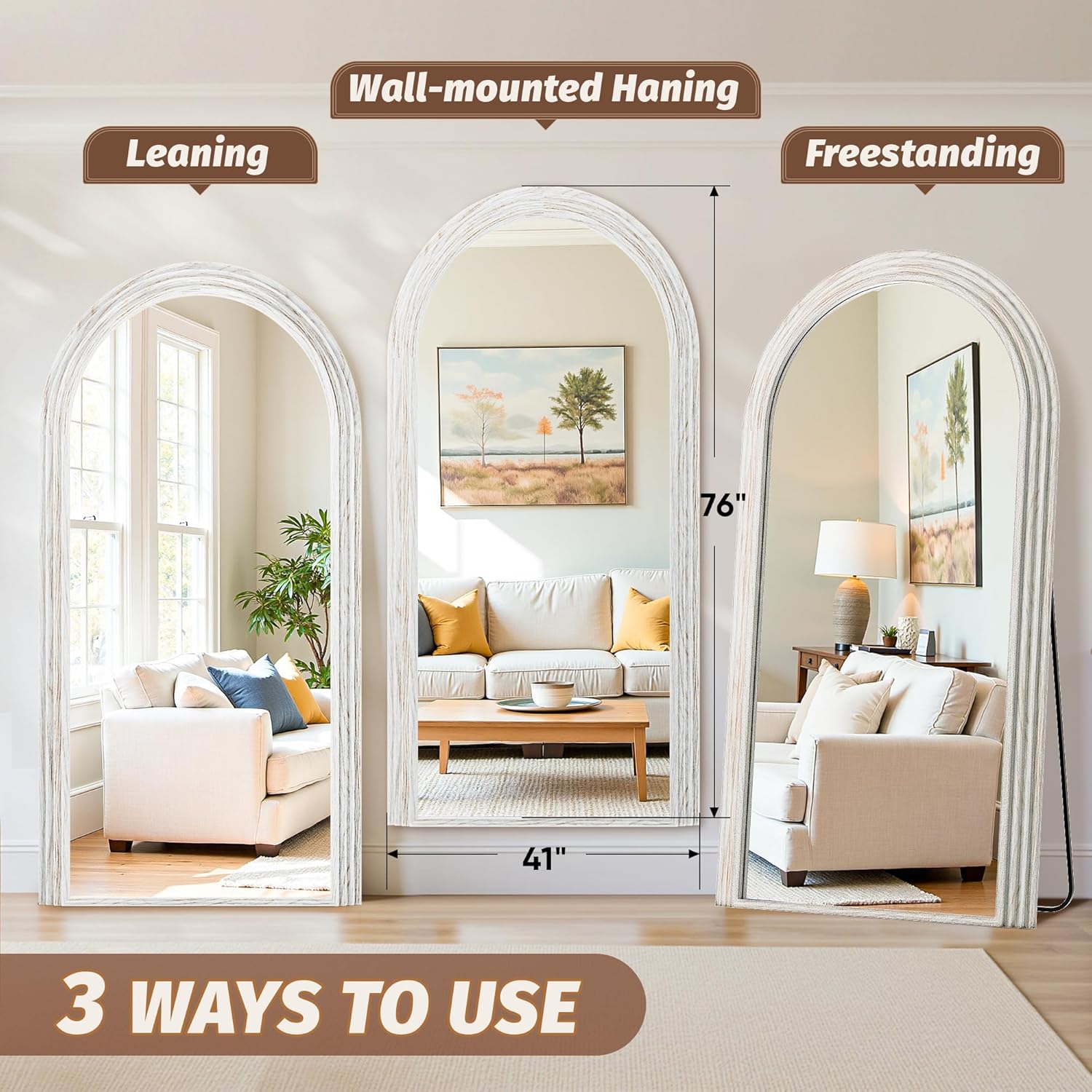 Three ways to use an arched mirror in a living room setting with measurements.