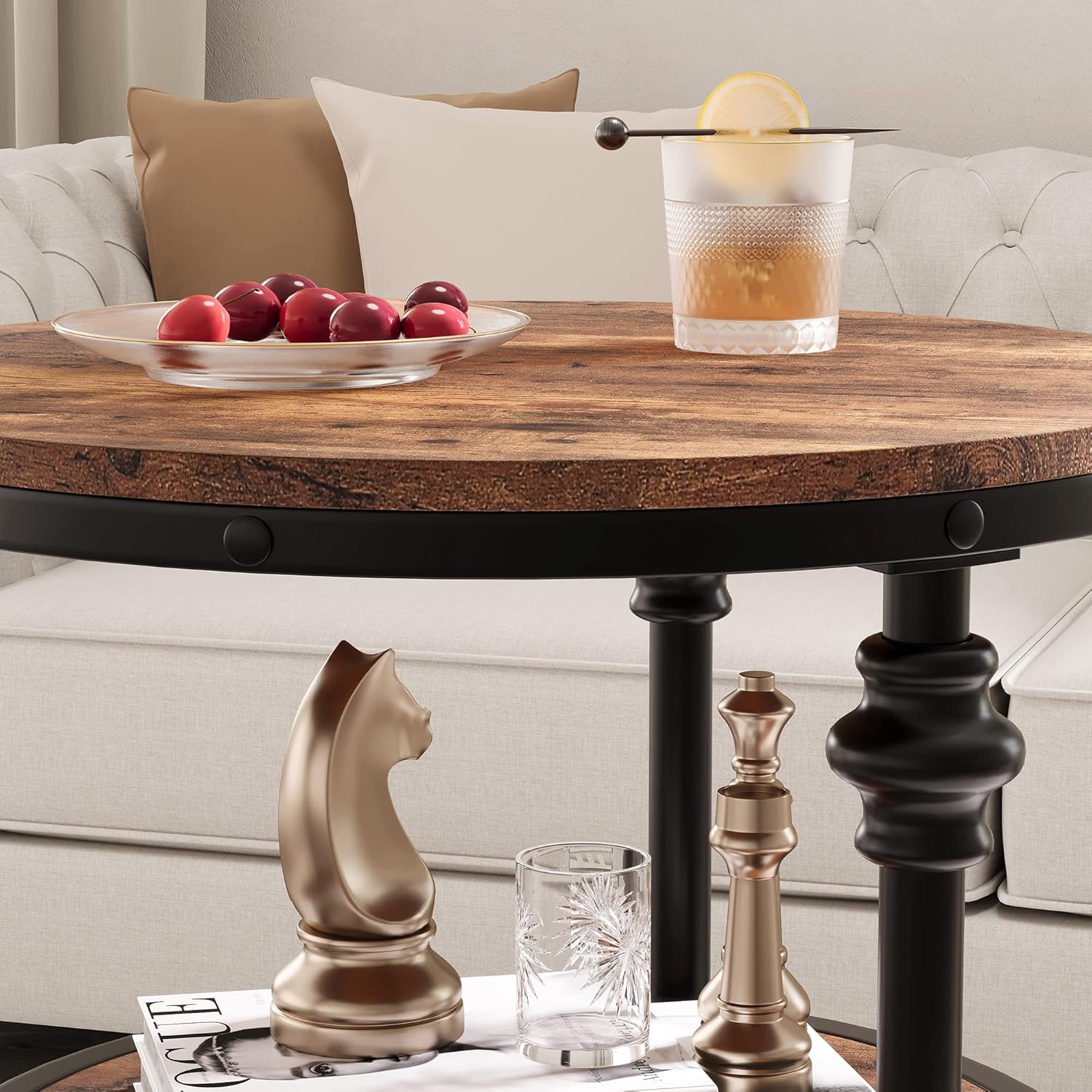 Wooden table with decorative items including a glass of orange juice, apples, and chess pieces.