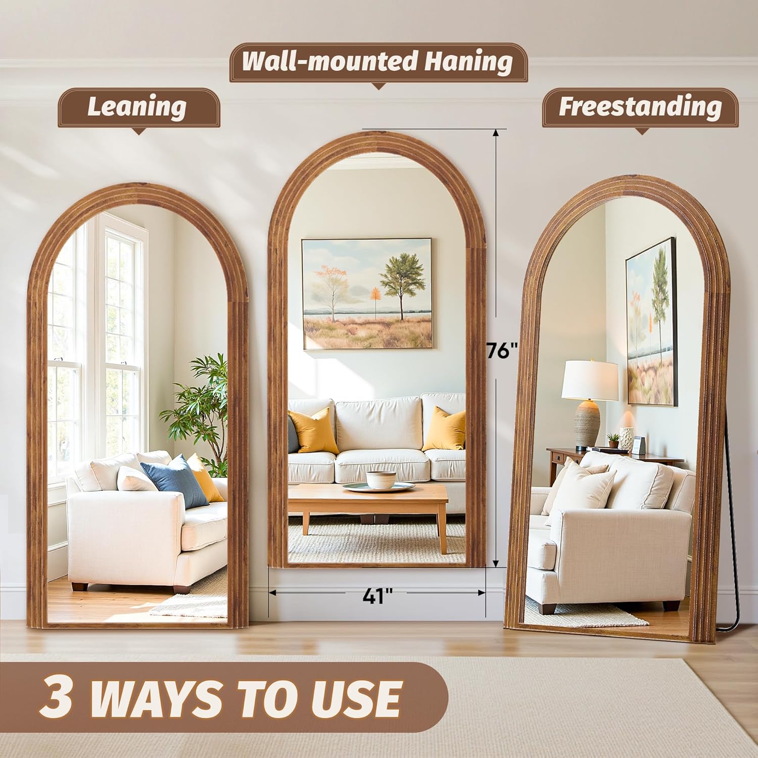 Three arched mirrors showing different mounting options in a living room setting.