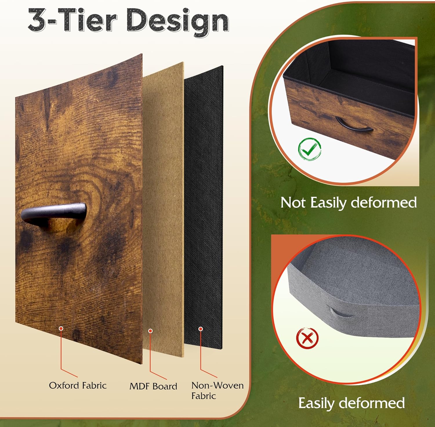 3-tier design with Oxford fabric, MDF board, and non-woven fabric layers, showing durability and deformation resistance.