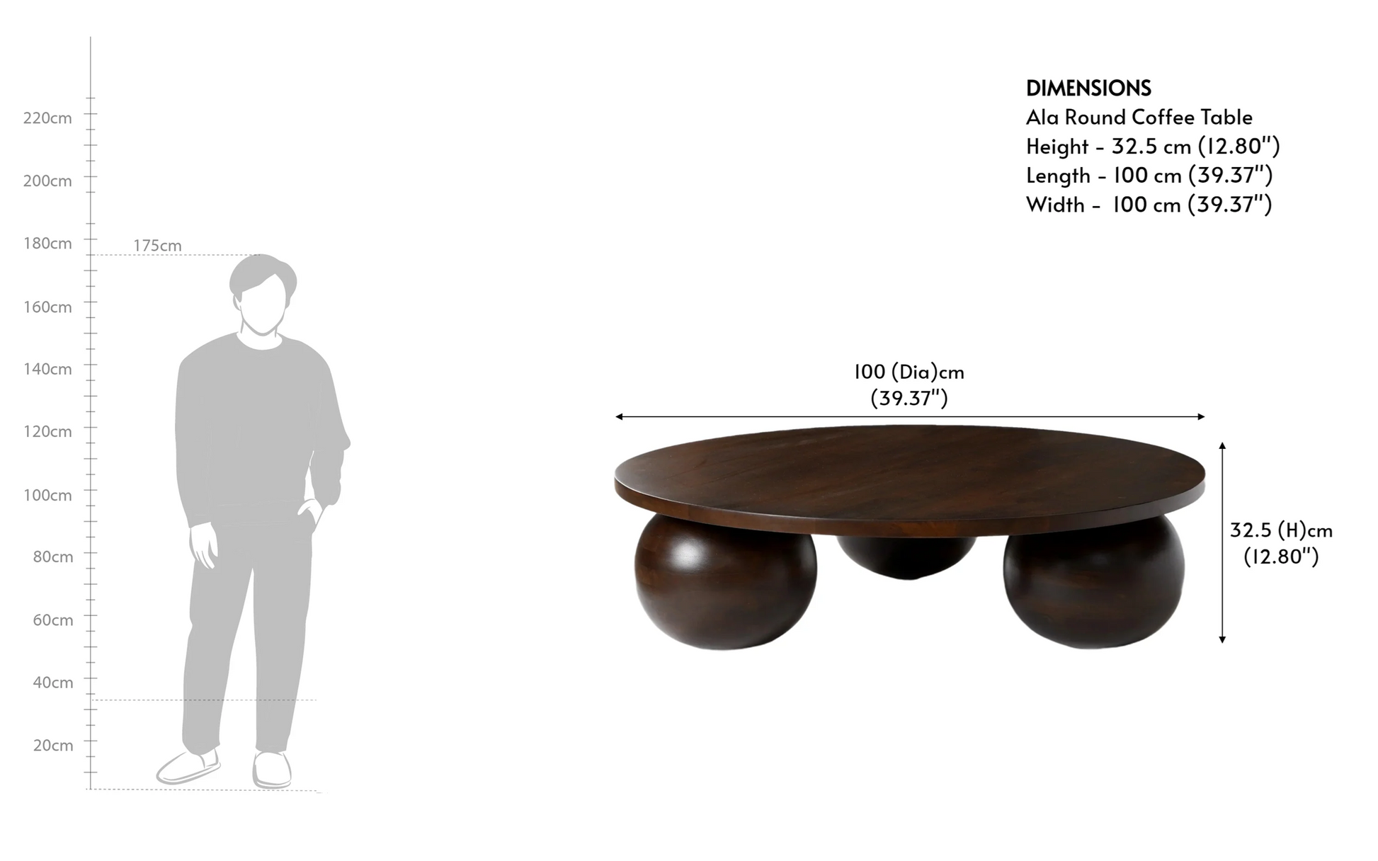 Wooden coffee table with dimensions labeled on a white background