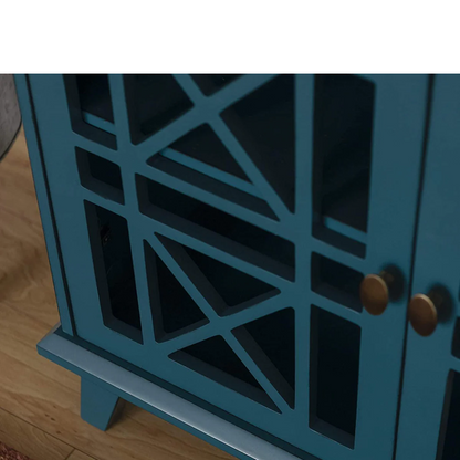 Blue cabinet with geometric design on a wooden floor