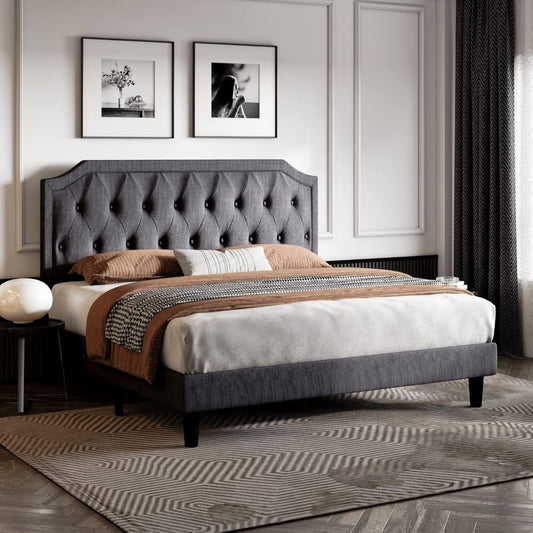 Full Size Upholstered Platform Bed with Curved Rhombic Button-Tufted Headboard – Dark Grey