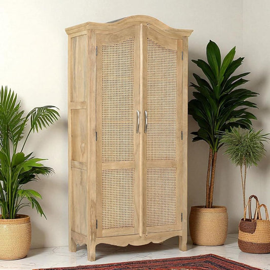 Multipurpose Solid Wood Cabinet Kitchen Bookshelf & Storage Unit for Home – Mango Wood with Natural Cane & Matte Finish