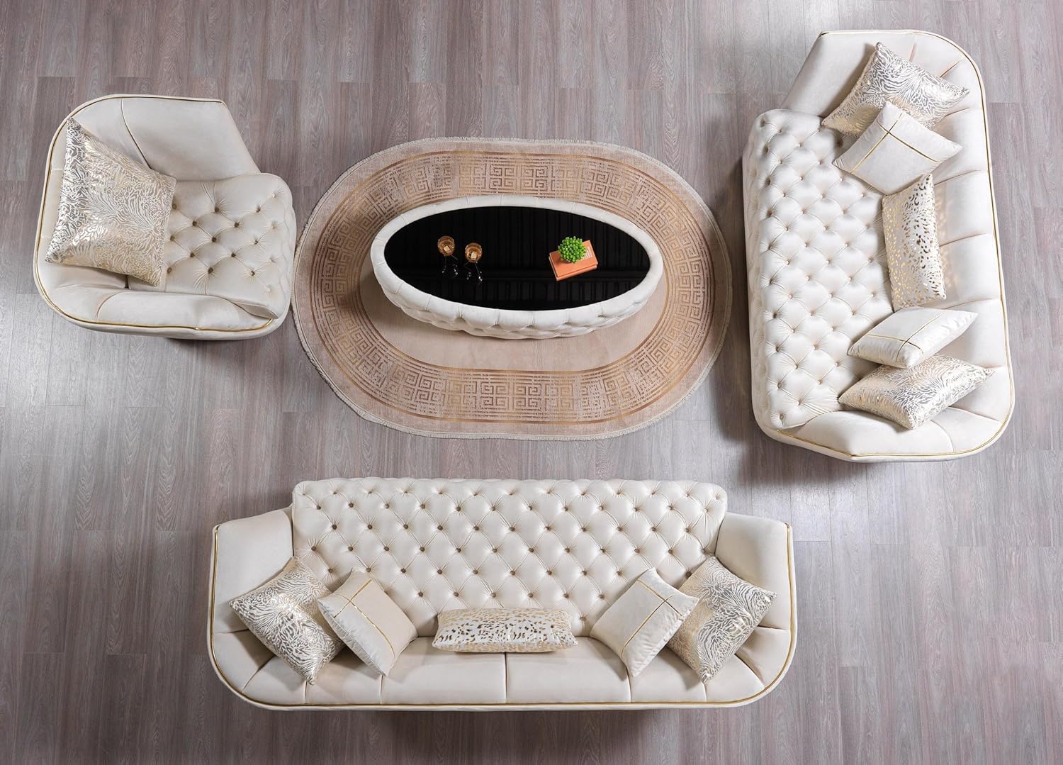 Modern living room furniture set with white sofas and a round coffee table on a wooden floor.
