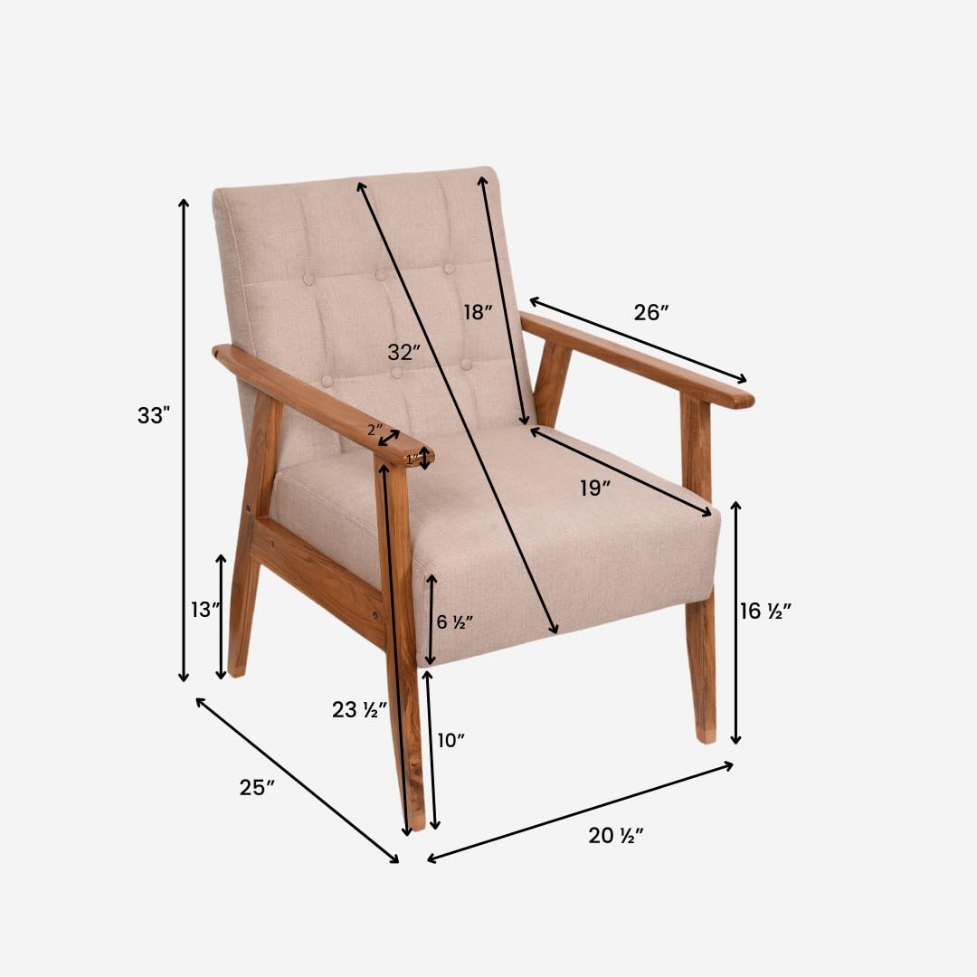 Mid-Century Wooden Armchair | Handmade Solid Wood Accent Chair for Home & Office (Beige)