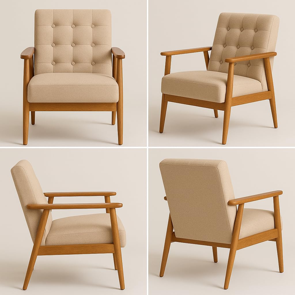 Mid-Century Wooden Armchair | Handmade Solid Wood Accent Chair for Home & Office (Beige)