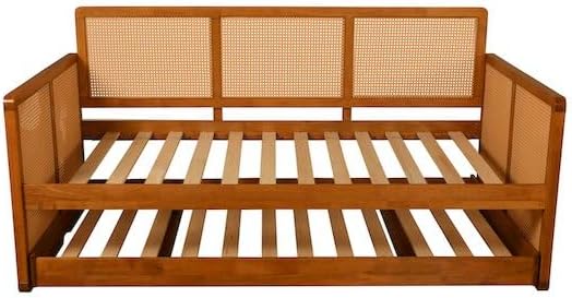 Wooden daybed with woven backrest on a white background