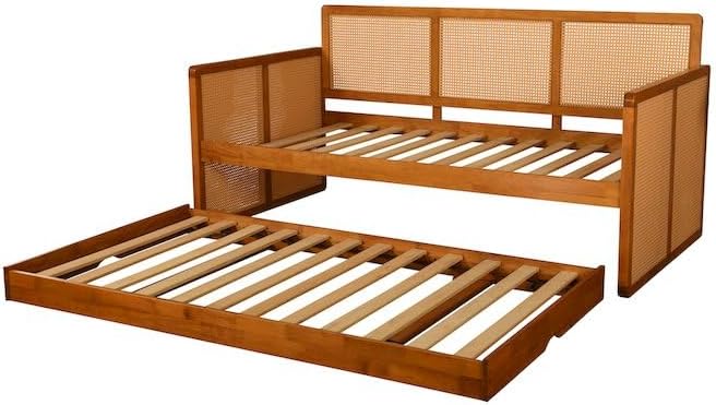 Wooden bed frame with woven backrest on a white background