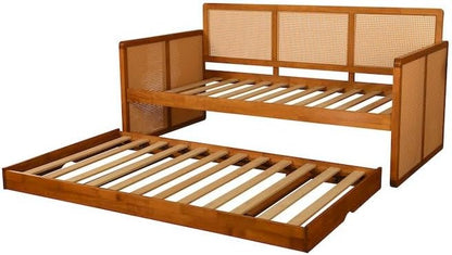 Wooden bed frame with woven backrest on a white background