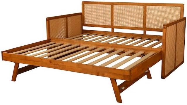 Wooden bed frame with woven backrest on a white background