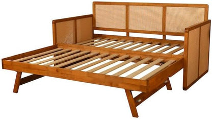 Wooden bed frame with woven backrest on a white background