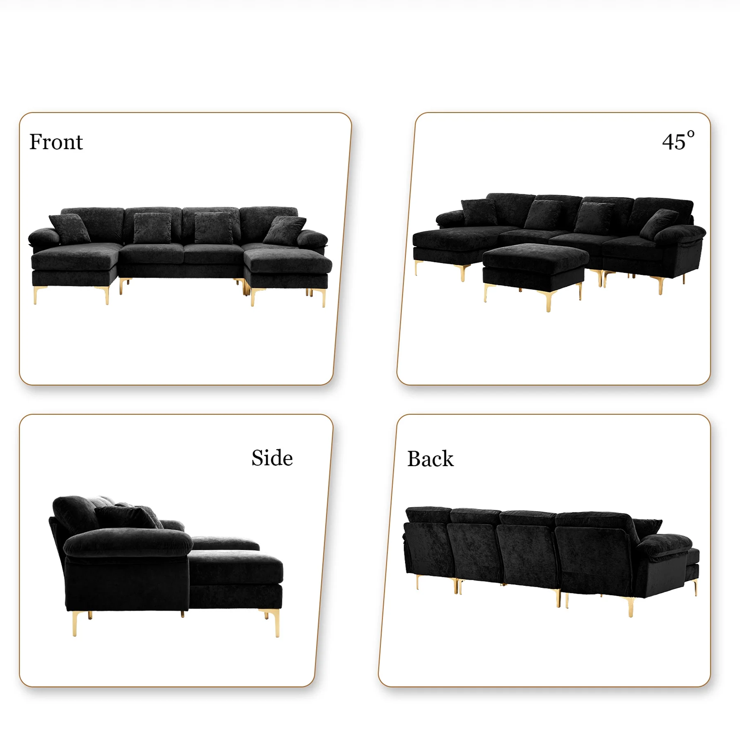 Black sectional sofa shown from front, side, and back angles on a white background.