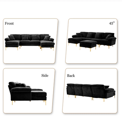 Black sectional sofa shown from front, side, and back angles on a white background.