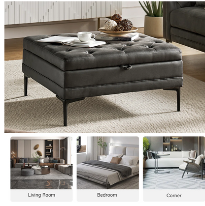 Gray tufted ottoman in a living room setting with additional views labeled 'Living Room', 'Bedroom', and 'Corner'.