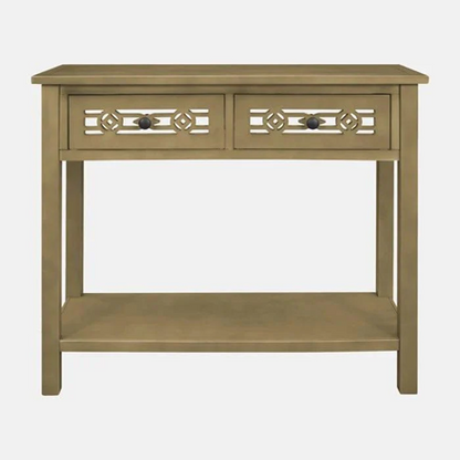 Wooden console table with two drawers on a white background