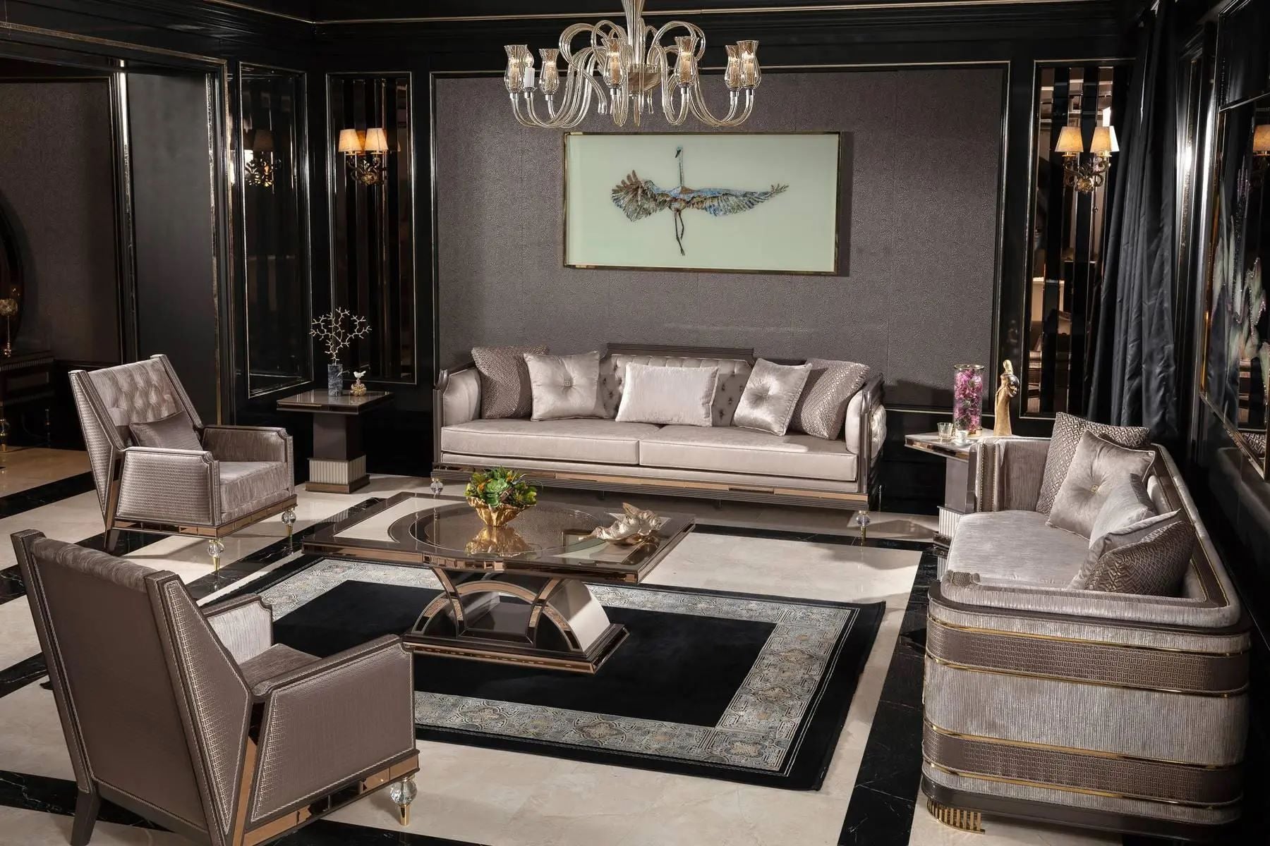 Luxurious living room with gray sofa, armchairs, and a chandelier.