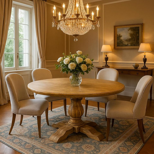 Round Solid Mango Wood Dining Table with French Pedestal Legs, Compact Design, Natural Finish (118 x 118 cm)