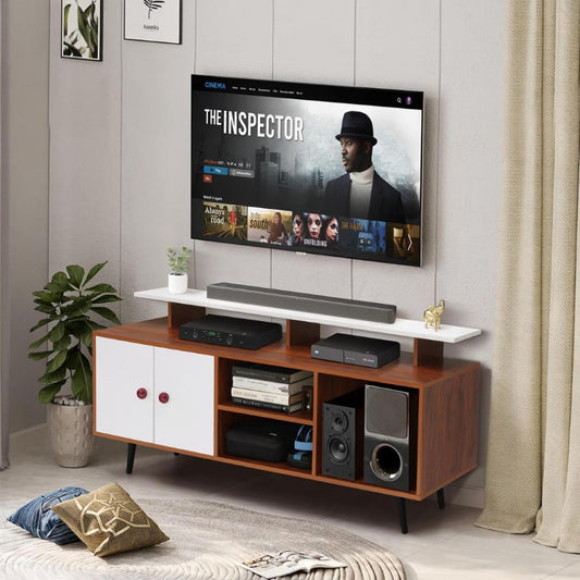 Wooden TV stand with a television displaying 'The Inspector' on a wall.