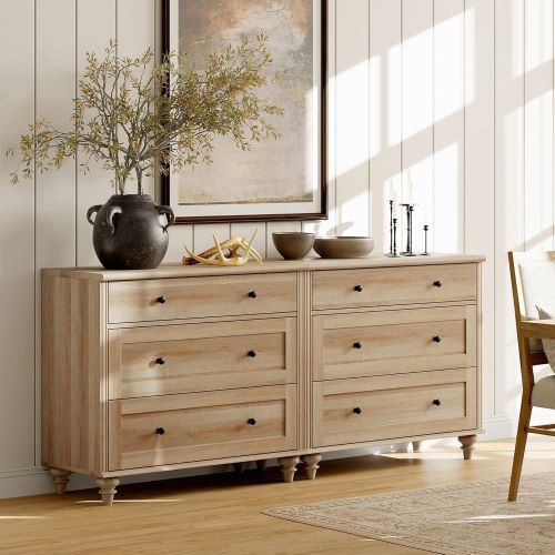 6-Drawer Oak Bedroom Dresser Mid-Century Modern Wide Chest