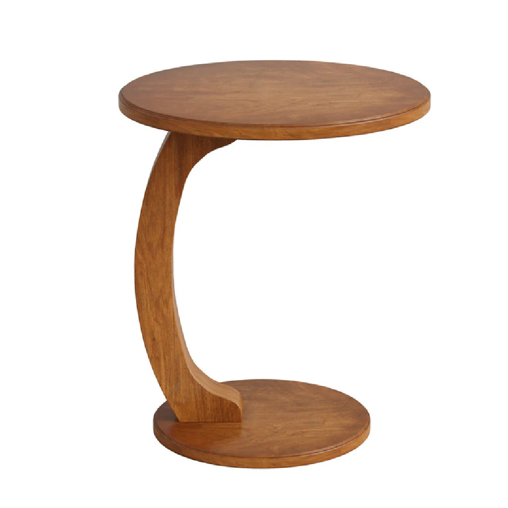Wooden side table with a curved design on a white background