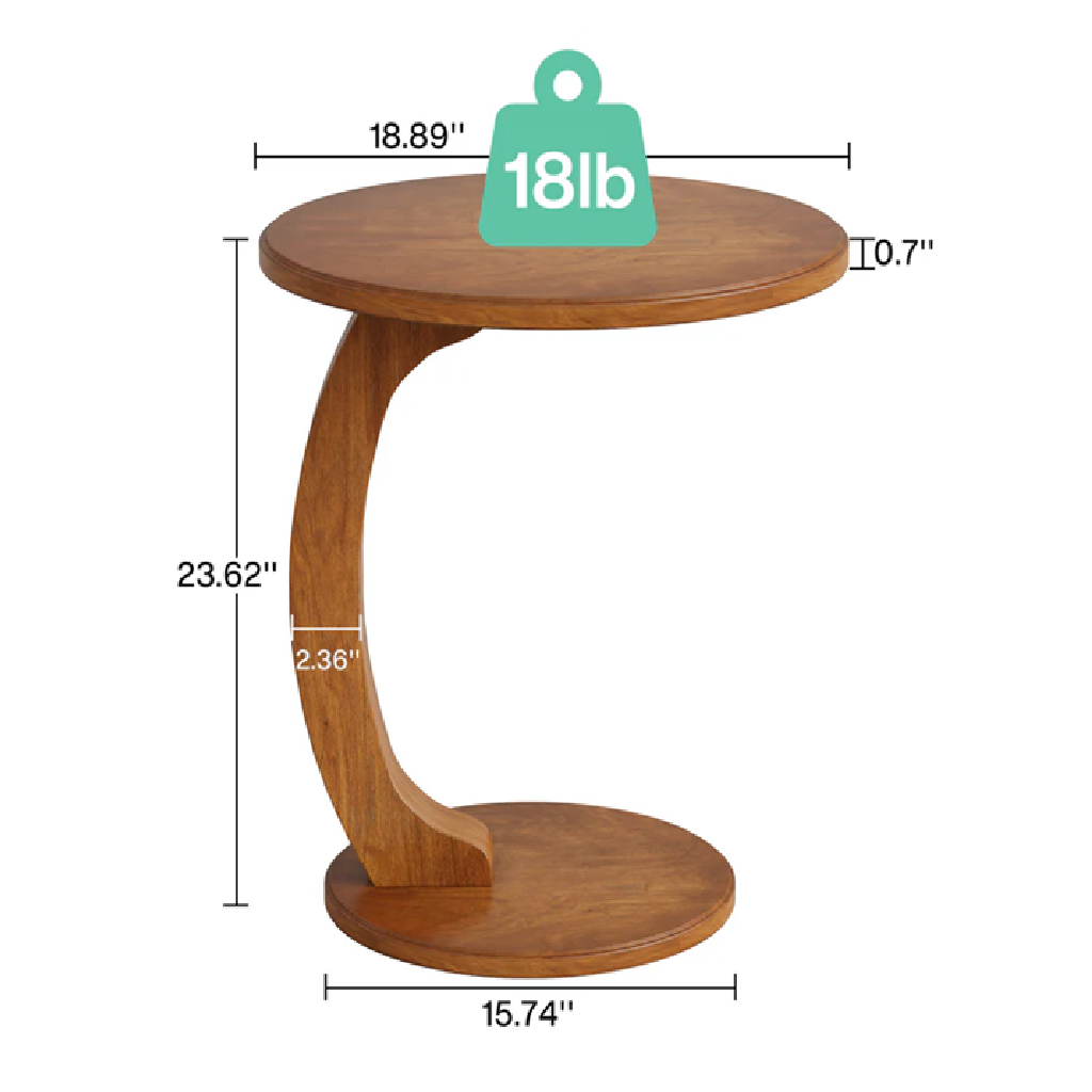Wooden side table with dimensions and weight label on a white background