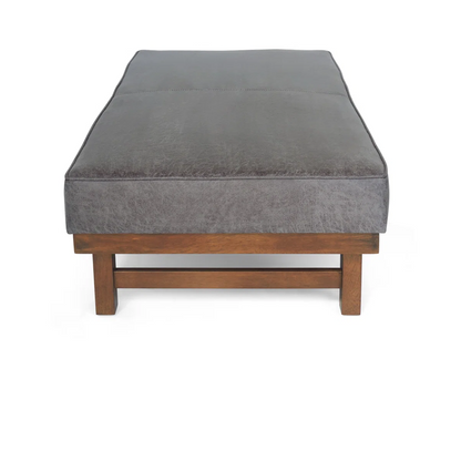 Gray cushioned bench with wooden frame on a white background