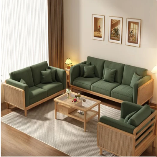 Green sofa set with wooden frames in a living room setting