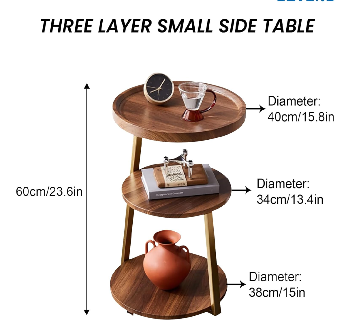 Three-layer small side table with dimensions and items on each layer