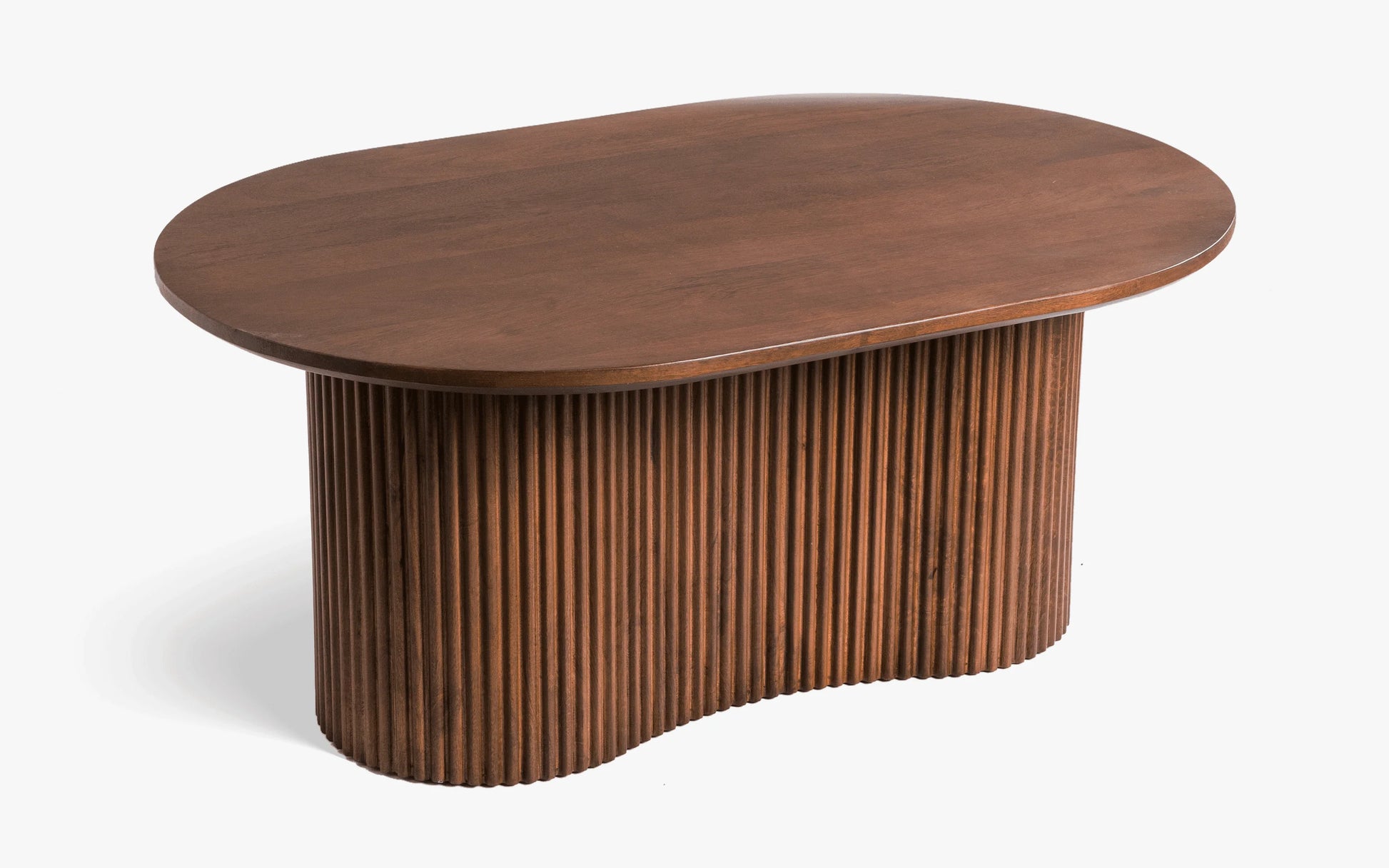 Wooden coffee table with a wavy base design on a white background