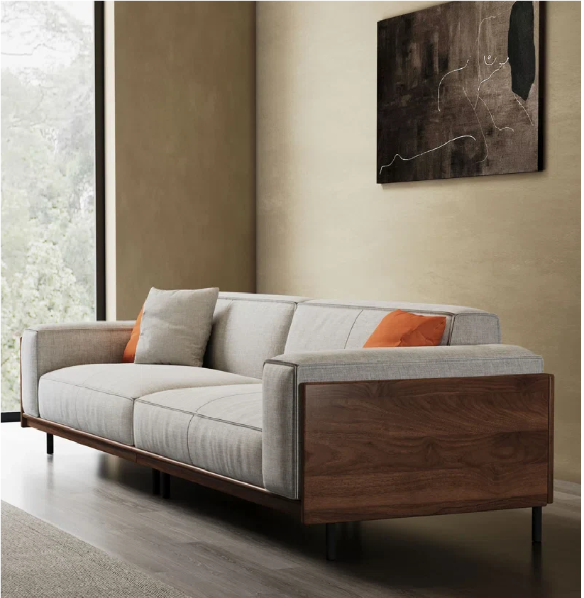 Gray sofa with wooden armrests in a living room setting