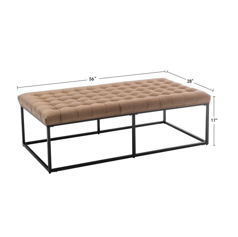 Brown tufted bench with black metal frame and dimensions on a white background