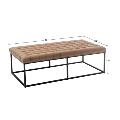 Brown tufted bench with black metal frame and dimensions on a white background