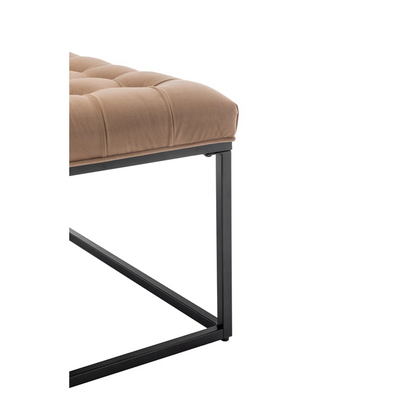 Brown cushioned bench with black metal frame on a white background