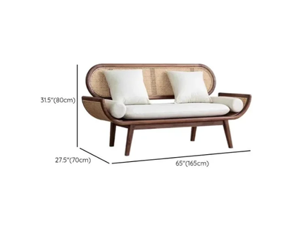 Wicker outdoor sofa with dimensions on a white background