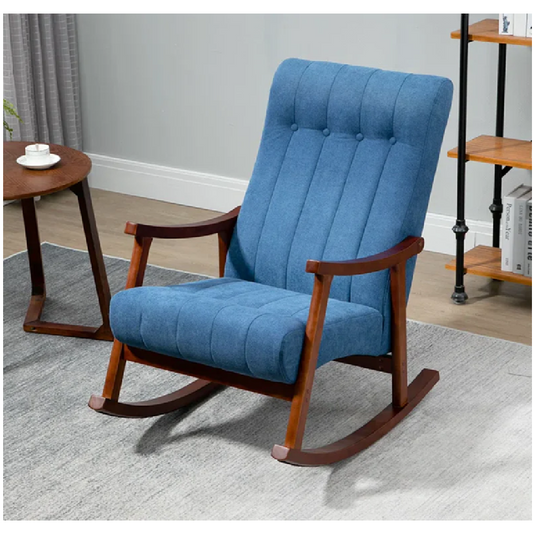 Blue rocking chair with wooden frame in a room setting