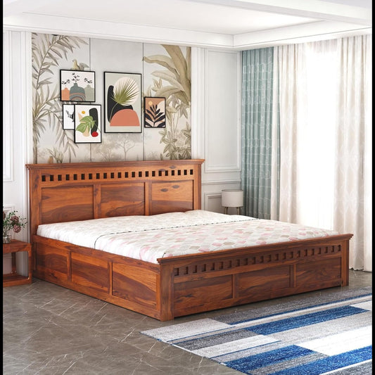 King Size Sheesham Wood Bed with Box Storage – Solid Wooden Double Bed Frame for Bedroom, Living Room, or Hotel (Honey Finish)