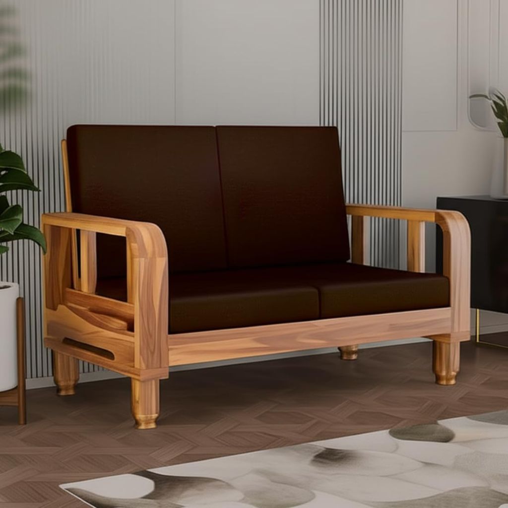 Brown sofa with wooden frame in a room setting