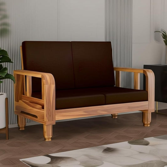 Brown sofa with wooden frame in a room setting