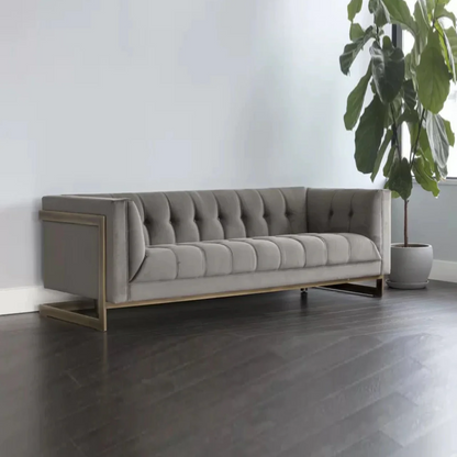 Gray tufted sofa in a minimalistic room with a plant